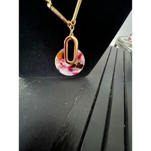 Talbots Gold Tone Paperclip Link Necklace Multi Color Resin Disc Pendant Toggle